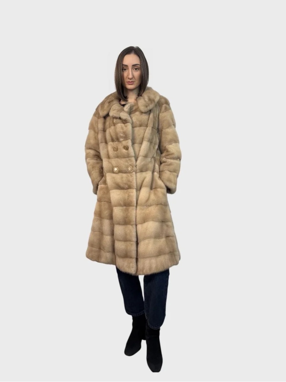 Elegant Vintage Tan Fur Coat for Women - Classic Double-Breasted Style